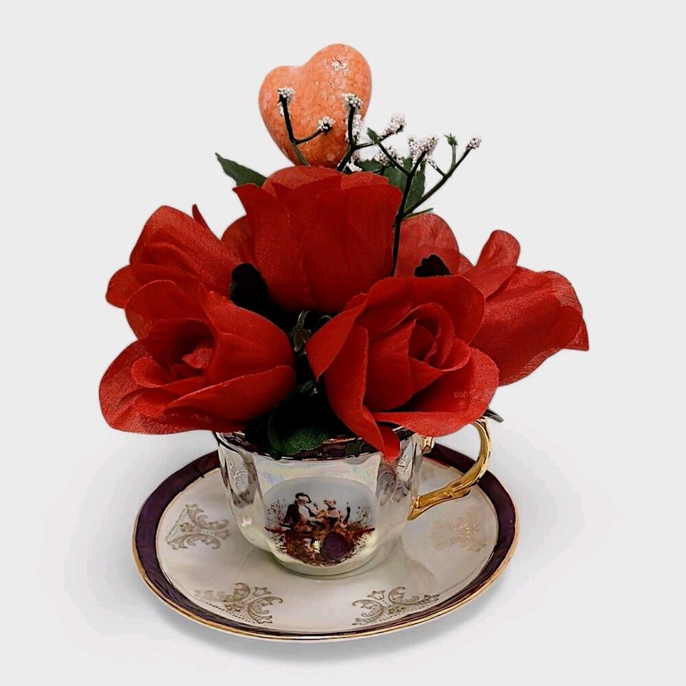 Red Rose Floral Arrangement‎ Tea Cup POP-IN Sparkle Heart Bridal Valentine Love